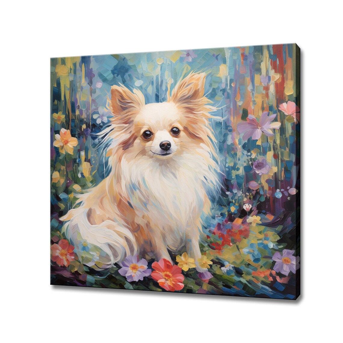 Fluffy Long Haired Chihuahua In Colorful Flower Garden Portrait Poster