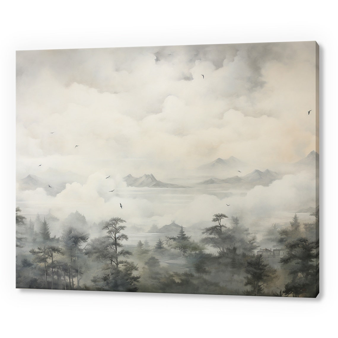 Misty Ink Mountains With Birds And Pine Trees Asian Landscape Poster
