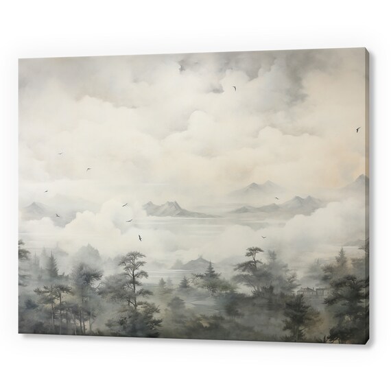 Clouds Above The Trees Vintage Country Landscape Muted Painting Style Print Farmhouse Decor Art Neutral Nature Picture Wall Hanging