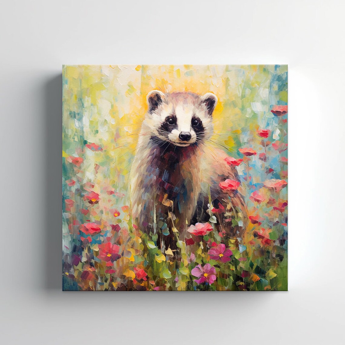 Cute Ferret Sitting Among Red Spring Wildflowers Painting Poster - Image 3