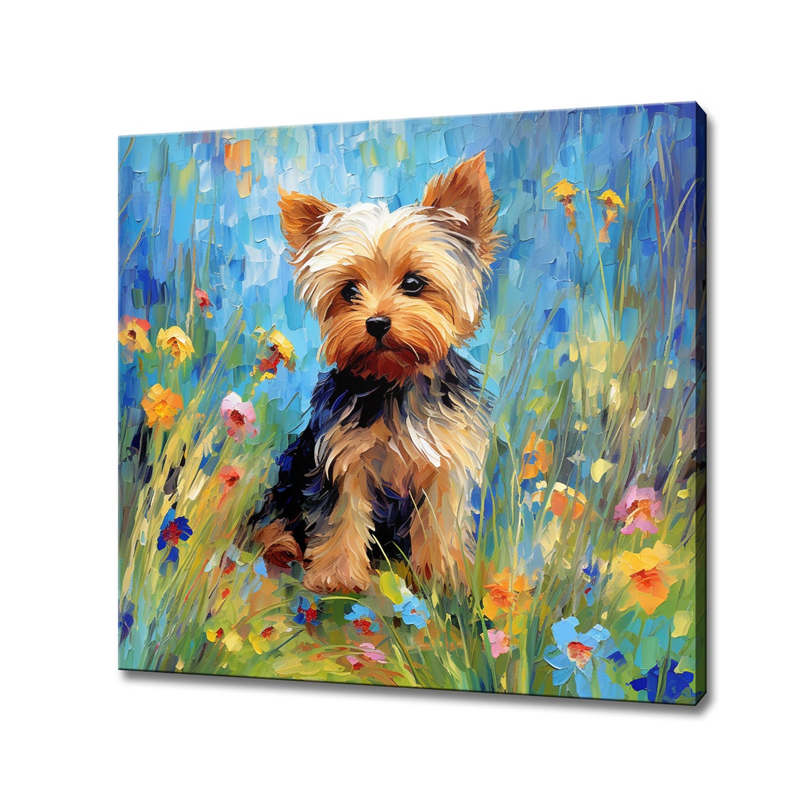 Yorkshire Terrier Puppy Sitting in Wildflower Field Art Poster