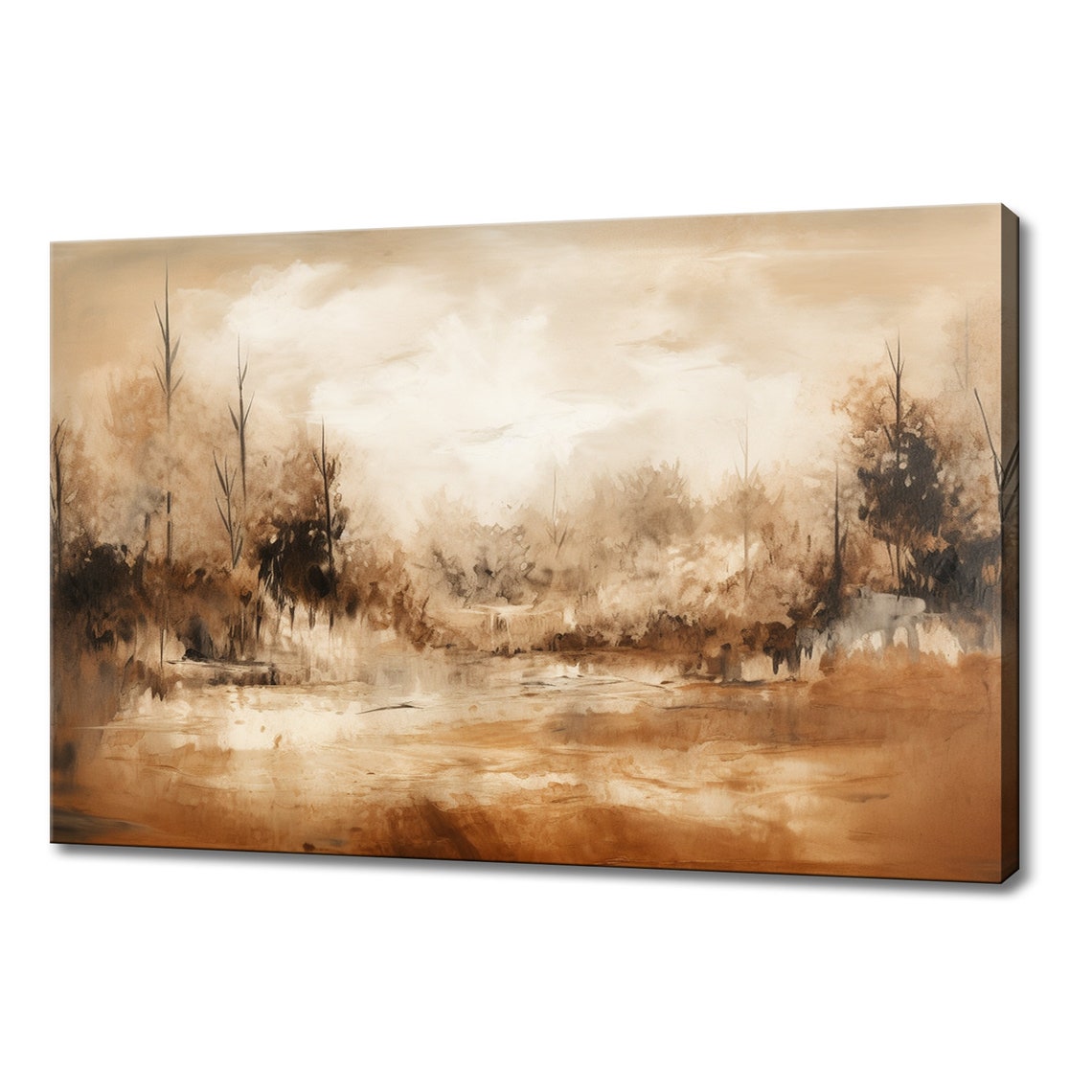 Misty Autumn Treeline Over Still Water Neutral Landscape Art Poster