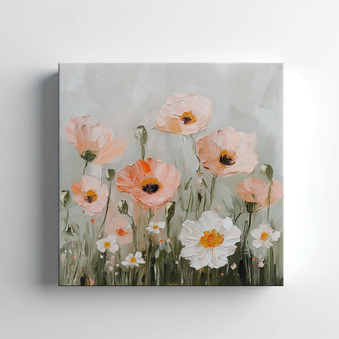 Pastel Poppies And Daisy Flowers Impasto Neutral Floral Print