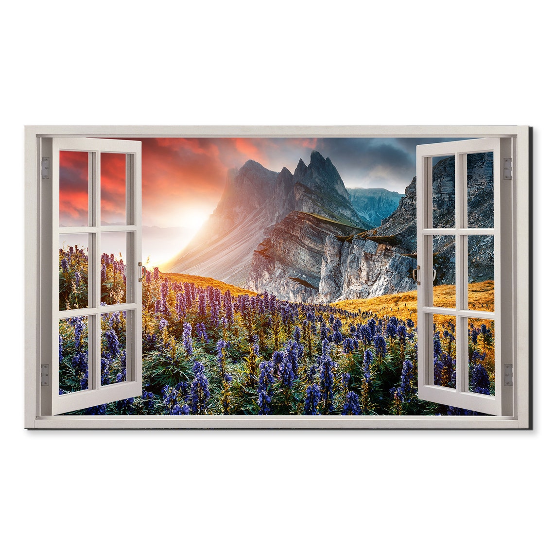 Purple Lupine Flowers Meadow Rocky Peaks Sunset Window View Poster