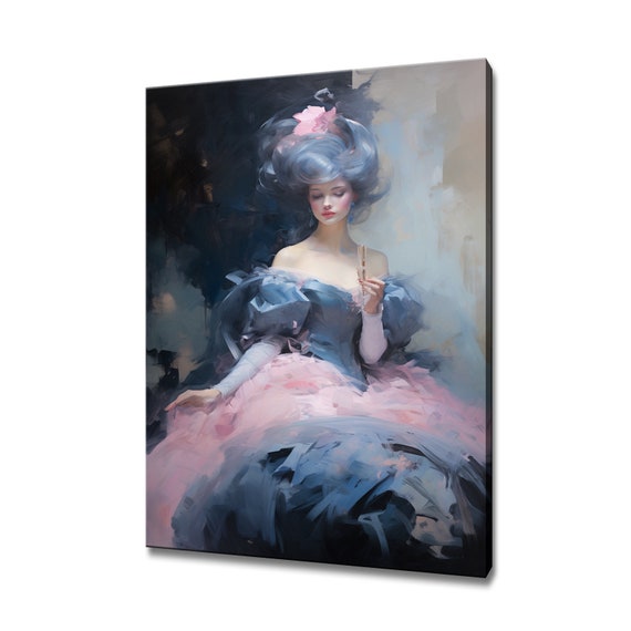 Elegant Lady In Pink Blue Victorian Baroque Puffy Dress Painting Style Print Modern Home Decor Fashion Wall Art Gift For Her