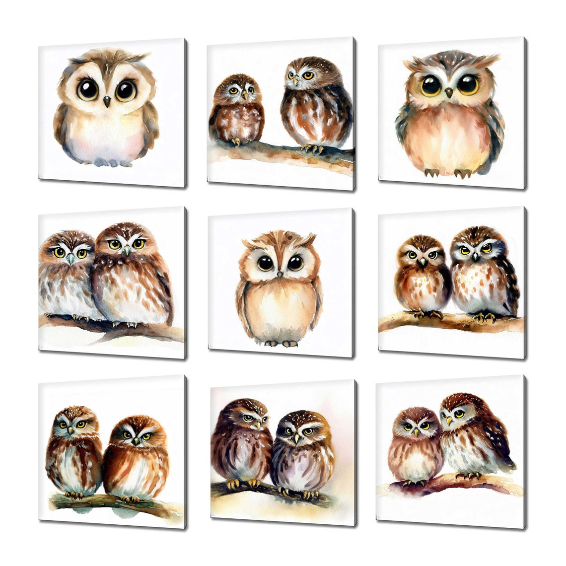 Cute Baby Owls Nine Watercolor Paintings Nursery Wall Art Poster