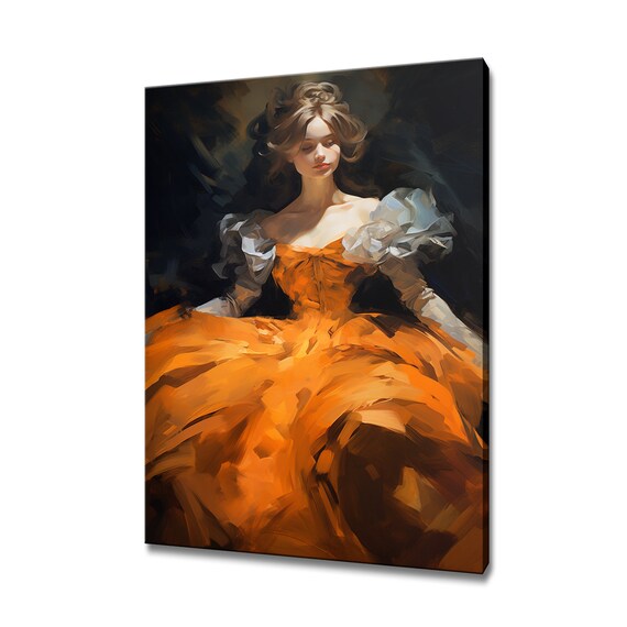 Elegant Lady In Orange Victorian Baroque Puffy Dress Painting Style Print Modern Design Home Decor Fashion Wall Art Gift For Her
