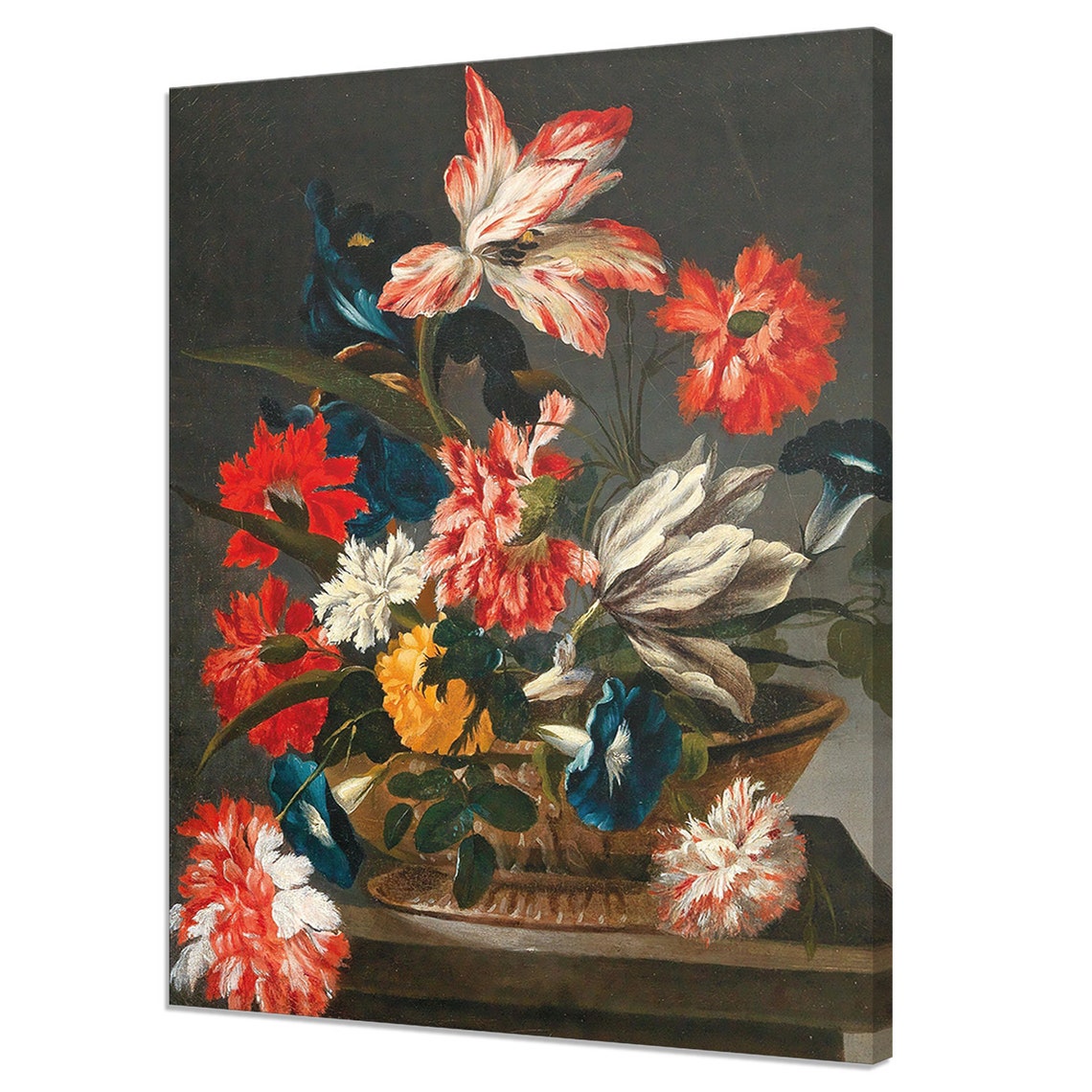 Still Life With Beautiful Red White Flowers In Porcelain Vase Victorian Fine Art Vintage Oil Painting Print Dark Moody Floral Art