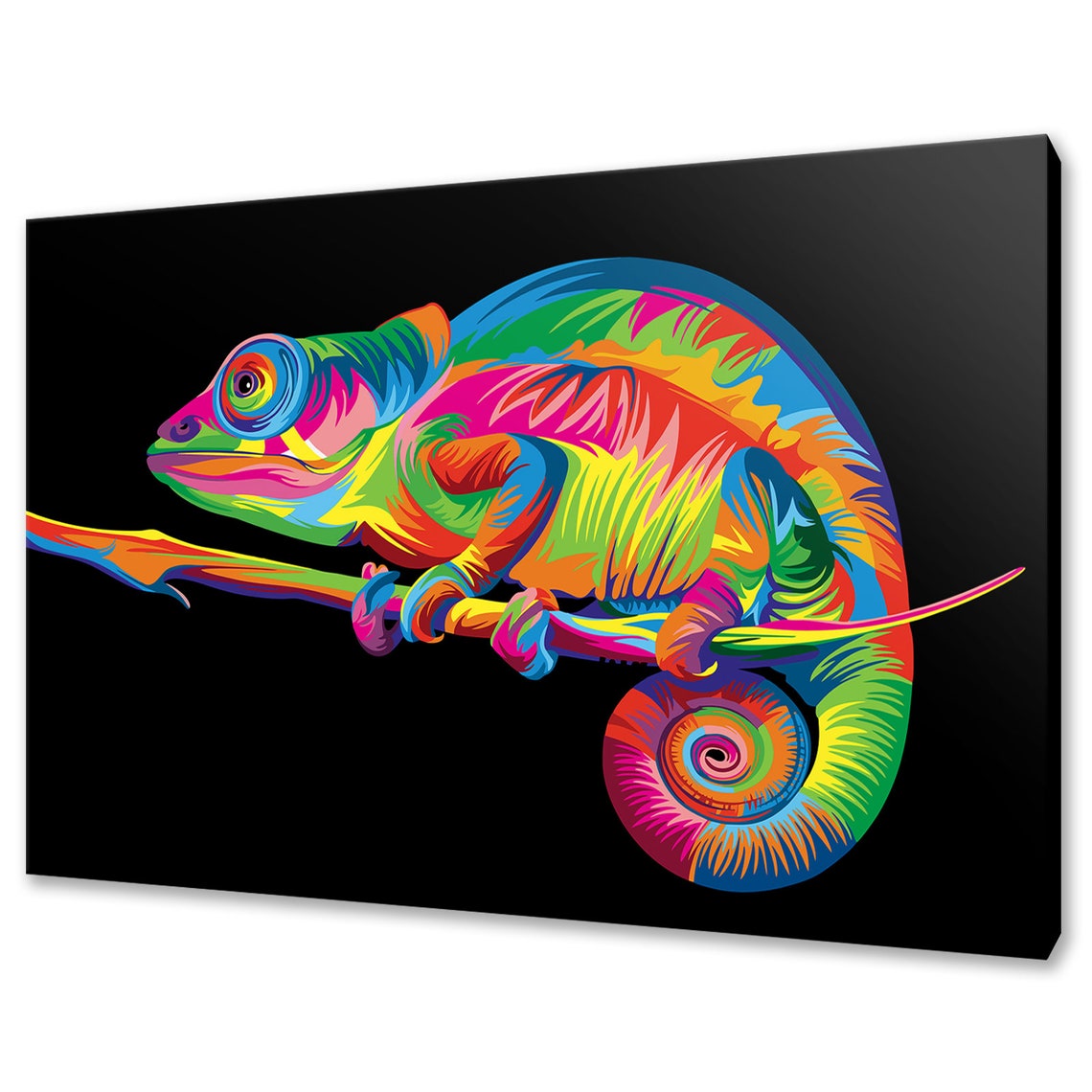 Vibrant Rainbow Chameleon On Black Branch Colorful Reptile Wall Art