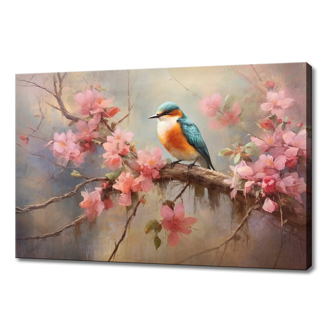Kingfisher Teal Orange Bird Blossoming Branch Misty Painting Poster