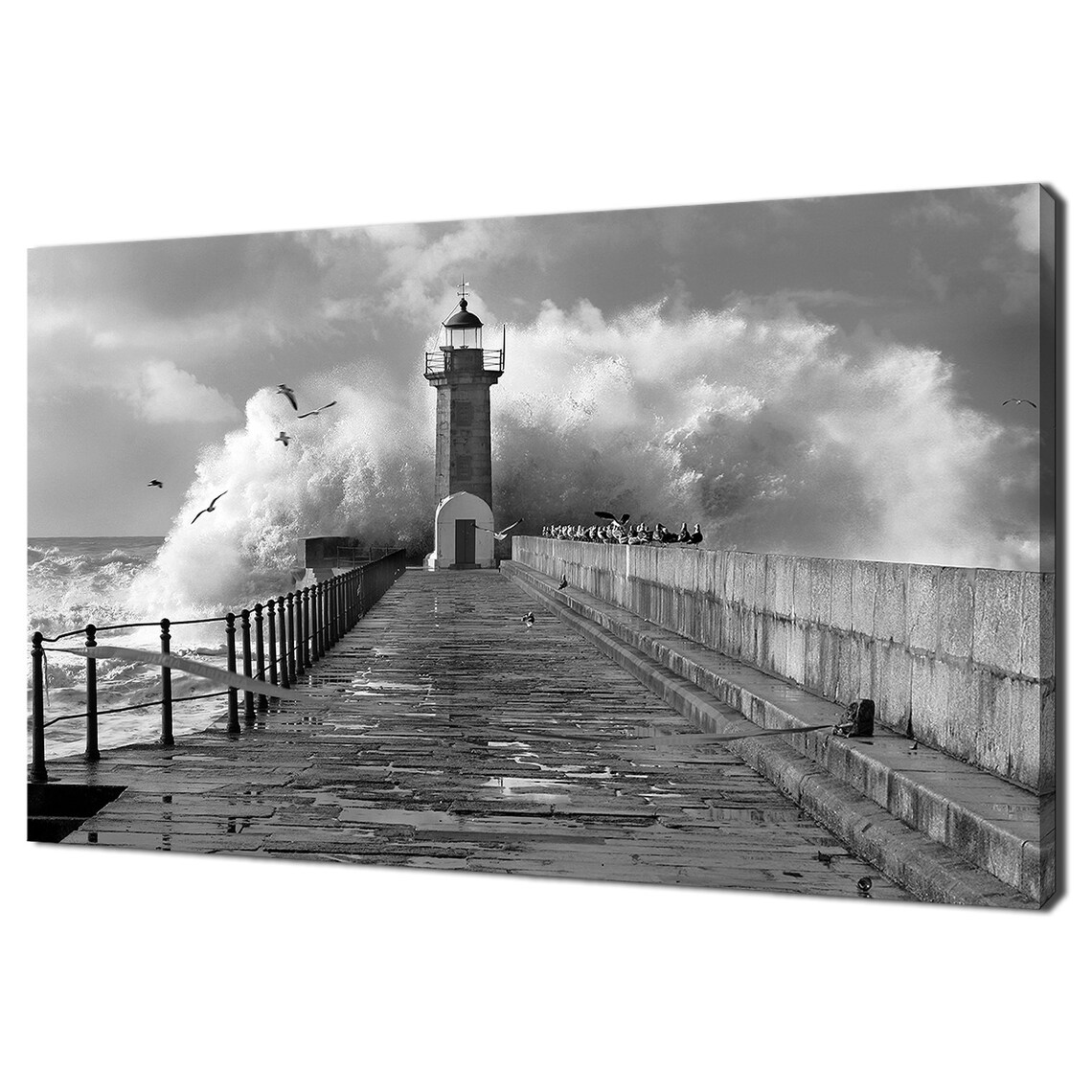 Waves Crashing Over A Lighthouse Dock, Poster