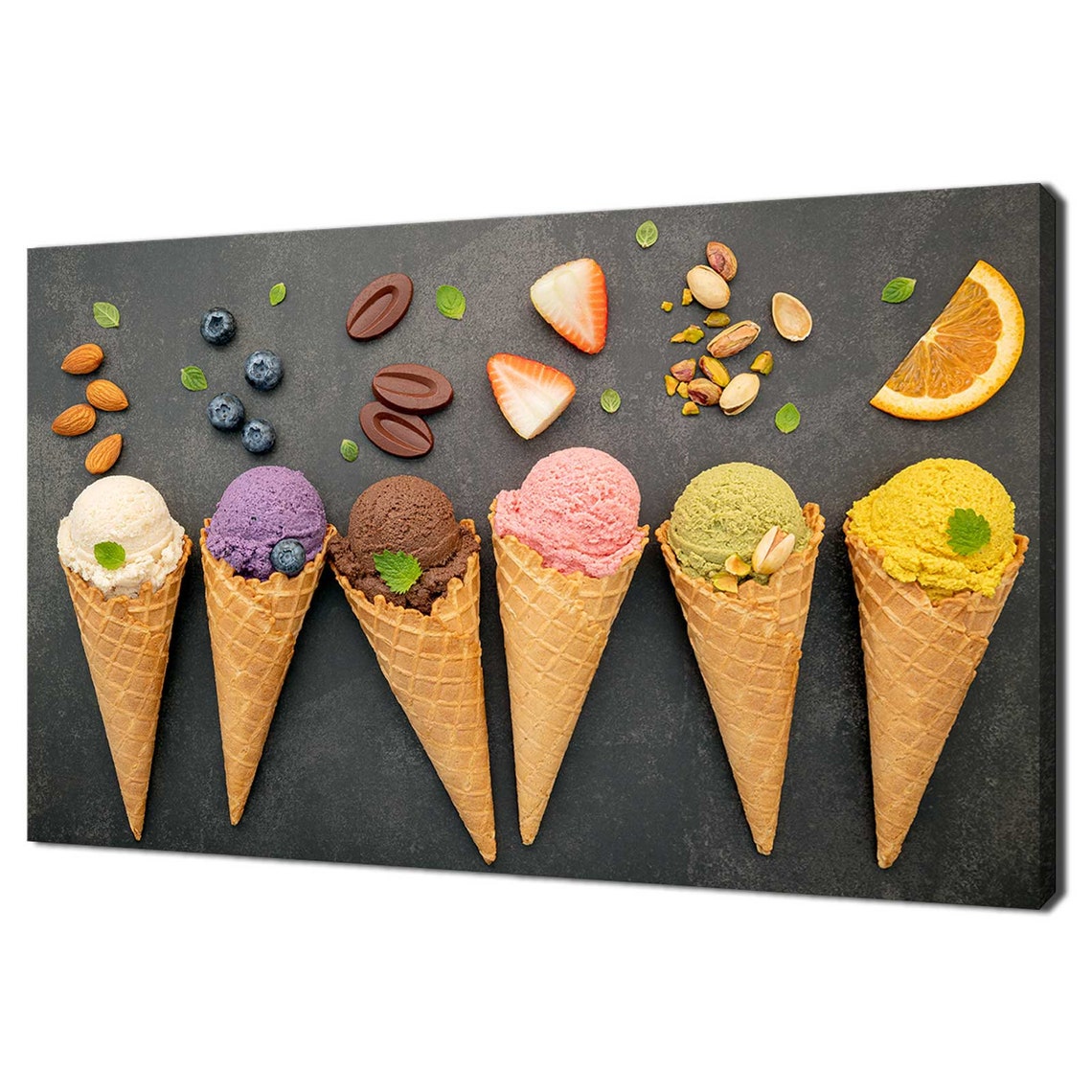 Ice Cream Cones Chocolate Fruits Nuts Dark Background Kitchen Wall Art
