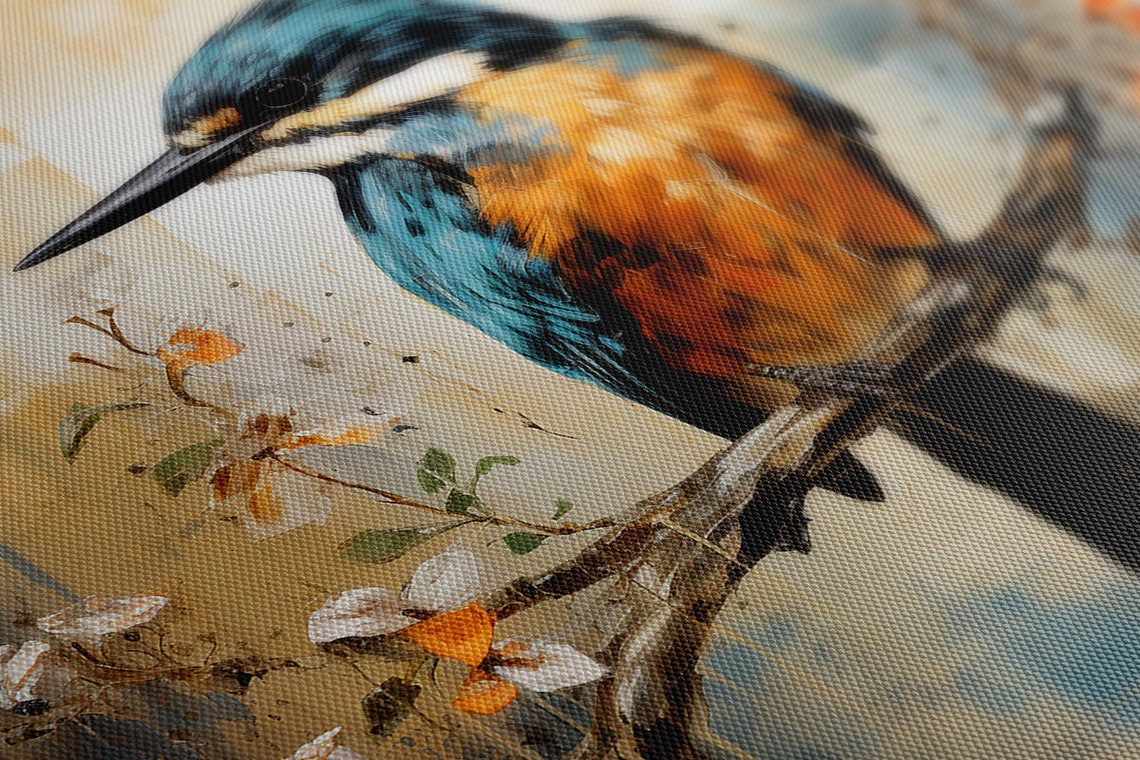 Kingfisher Blossom Branch Beige Abstract Background Bird Art Print - Image 4
