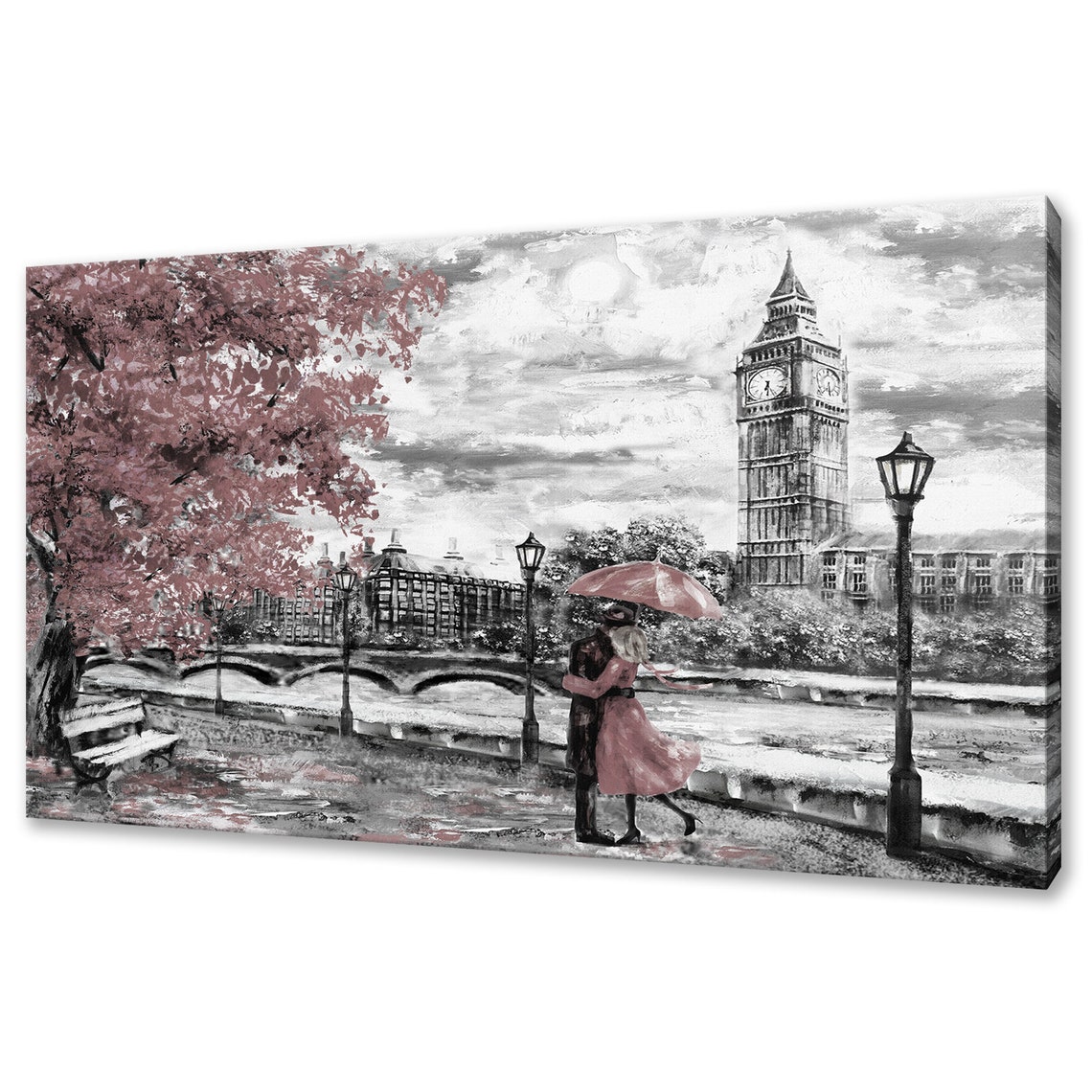 London Big Ben Couple Red Umbrella Thames Pink Romance Travel Poster