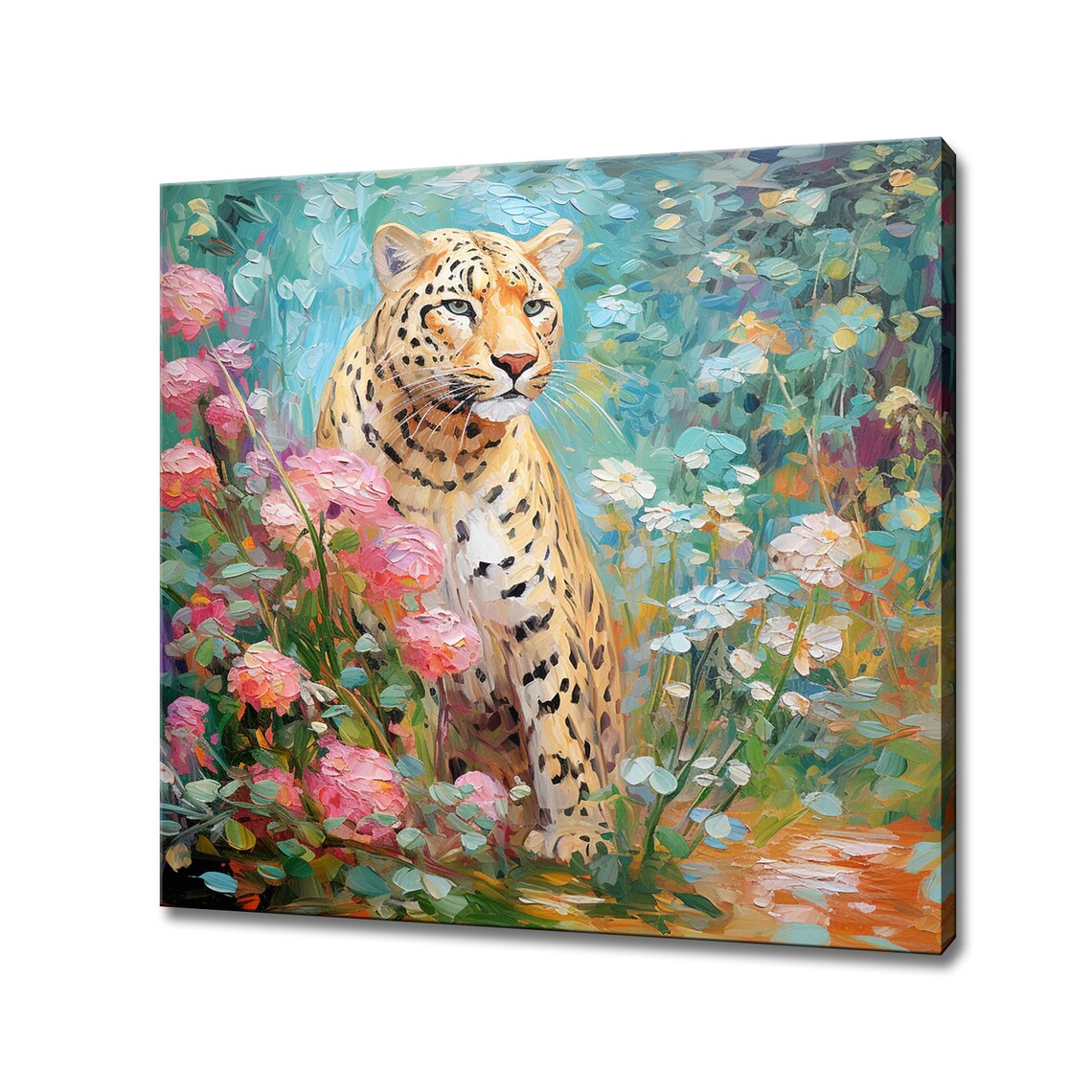 Elegant Leopard Among Pink Wildflowers Colorful Big Cat Painting Poster