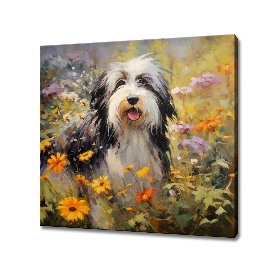 Bearded Collie Wildflower Meadow Painting Happy Shaggy Dog Wall Art