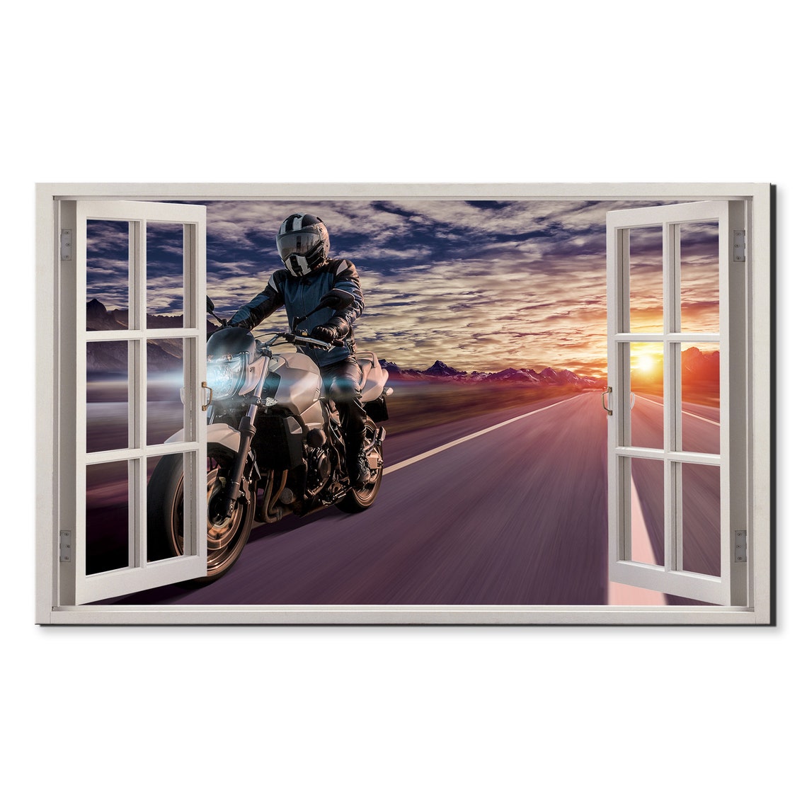 Biker Riding On The Road At Sunset Window View Window Frame Style Modern Design Home Decor Print Wall Art Picture Ready To Hang
