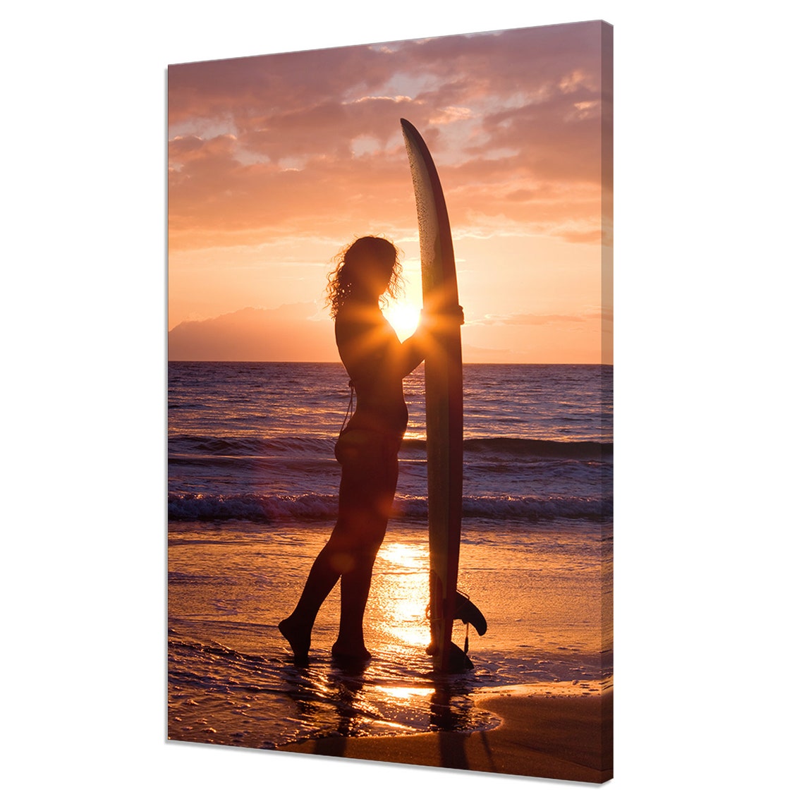 Beautiful Woman With Surfboard Standing At Tropical Sunset Modern Design Home Decor Print Wall Art Picture Wall Hanging