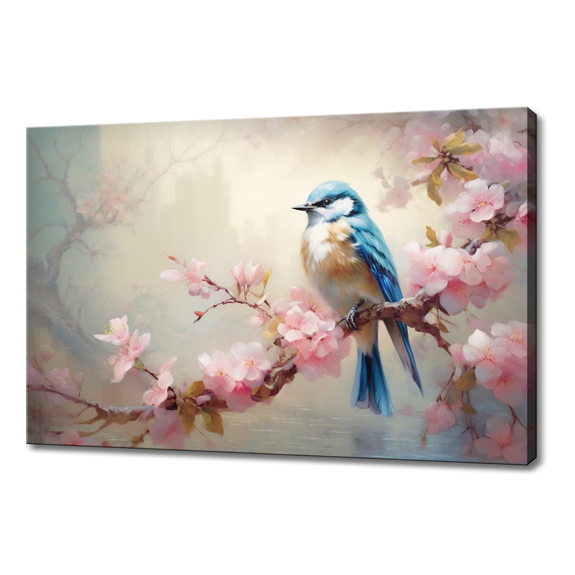 Fluffy Blue And Orange Bird On Pink Blossom Branch Painting Poster