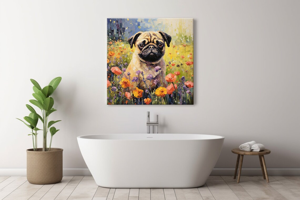 Cute Pug Dog Portrait in Colorful Wildflower Field Oil Painting Poster - Image 4
