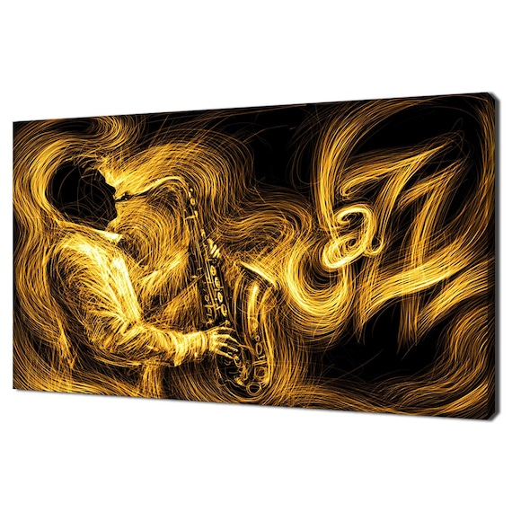 Golden Jazz Saxophone Player Silhouette Music Wall Art Print