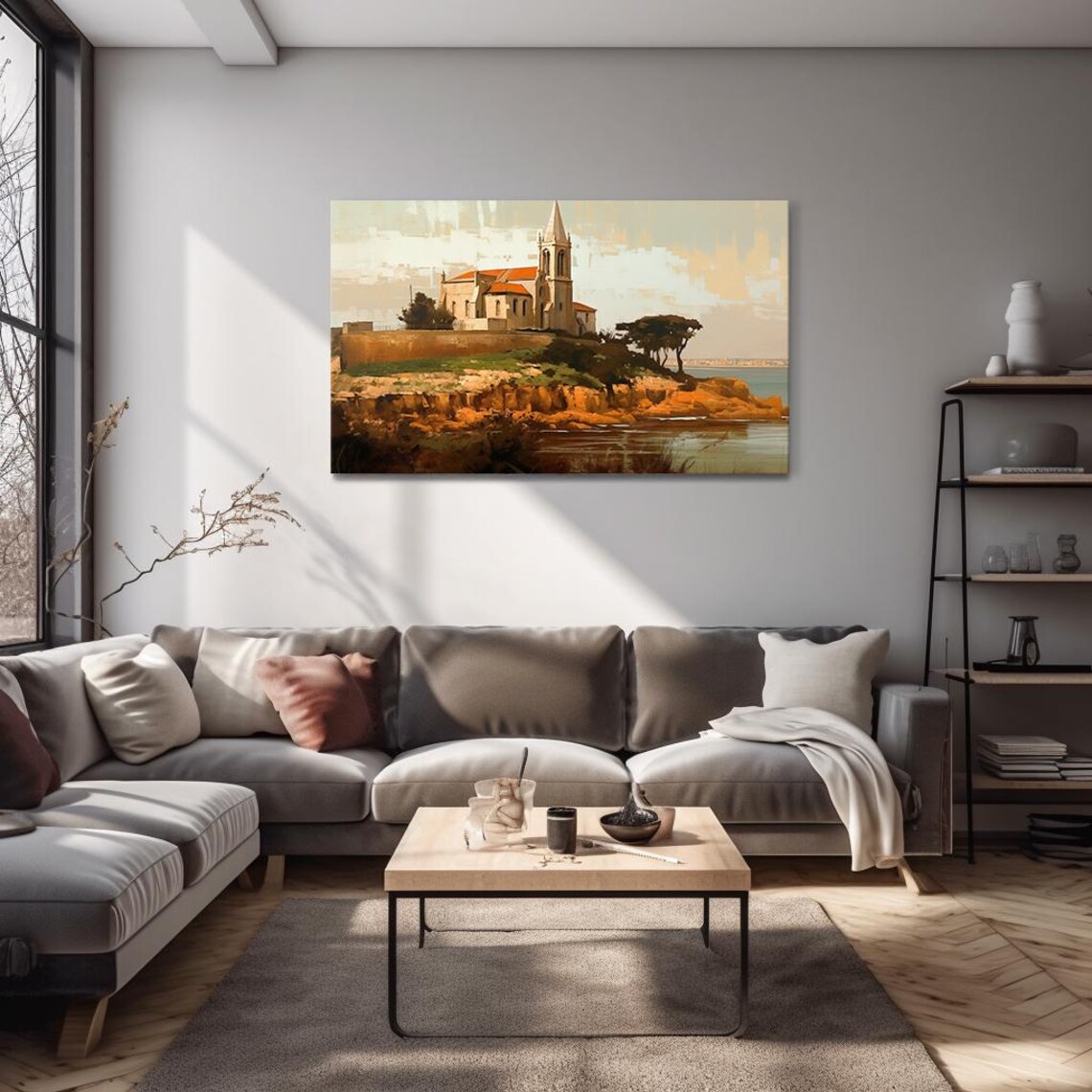Coastal Church On Cliff Warm Sunset Riverside Village Church Poster - Image 4
