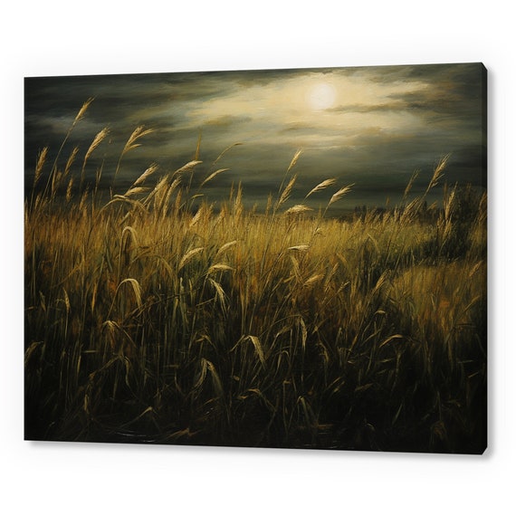 Moon Above The Rye Fields Vintage Country Landscape Muted Moody Painting Style Print Farmhouse Decor Art Neutral Nature Picture