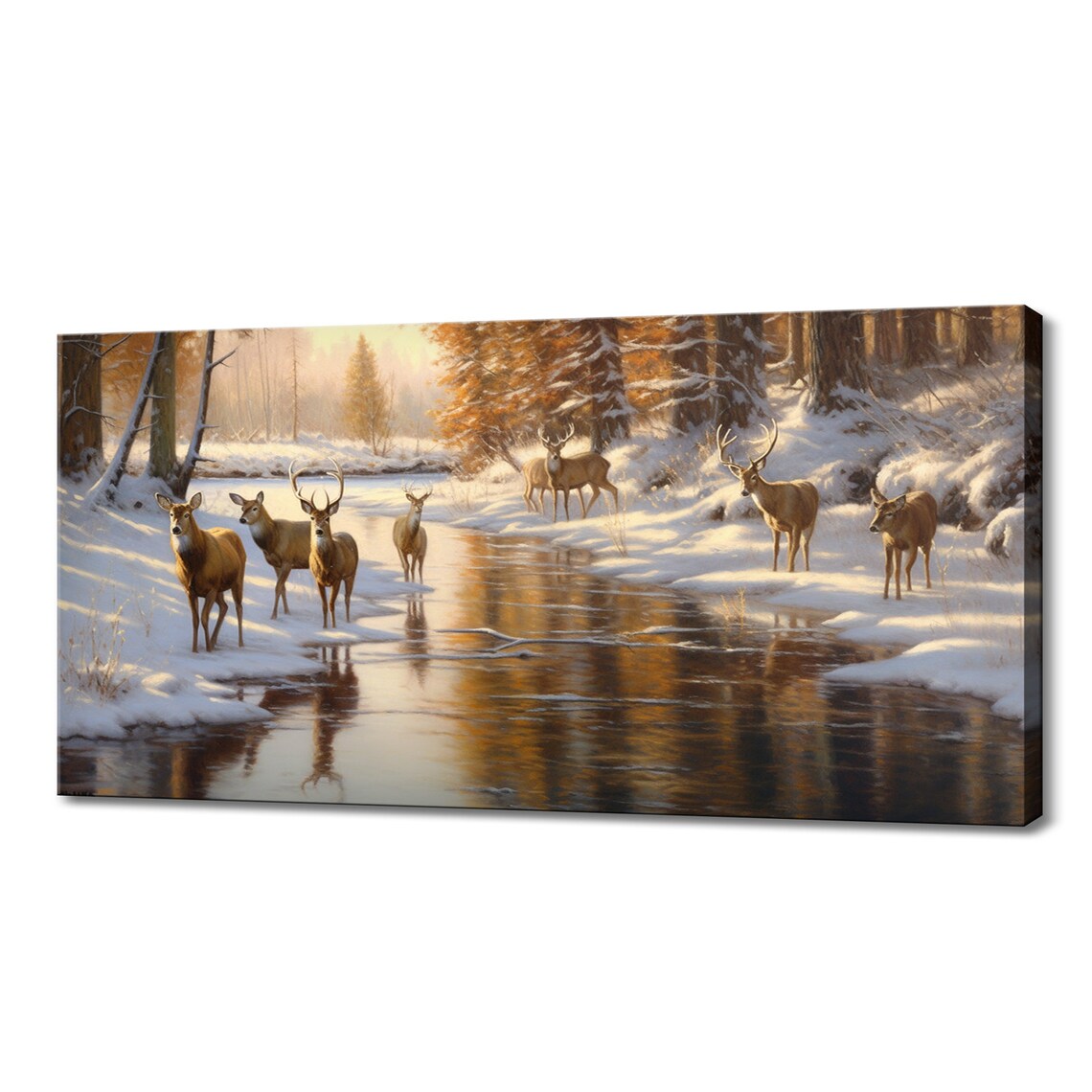 Deer Herd Snowy Forest Stream Golden Morning Light Painted Wildlife Poster
