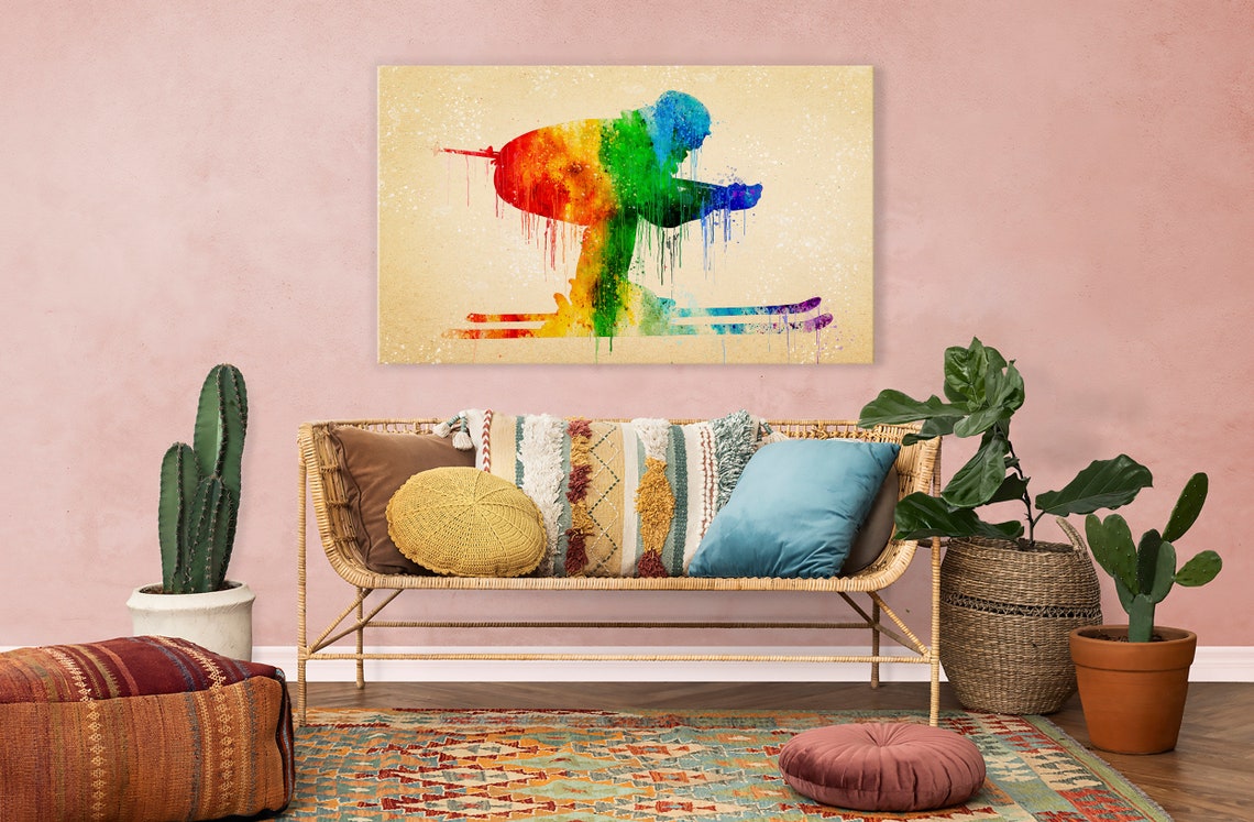 Skier Winter Sports Rainbow Colourful Watercolour Modern Design Home Decor Print Wall Art Ready To Hang - Image 2