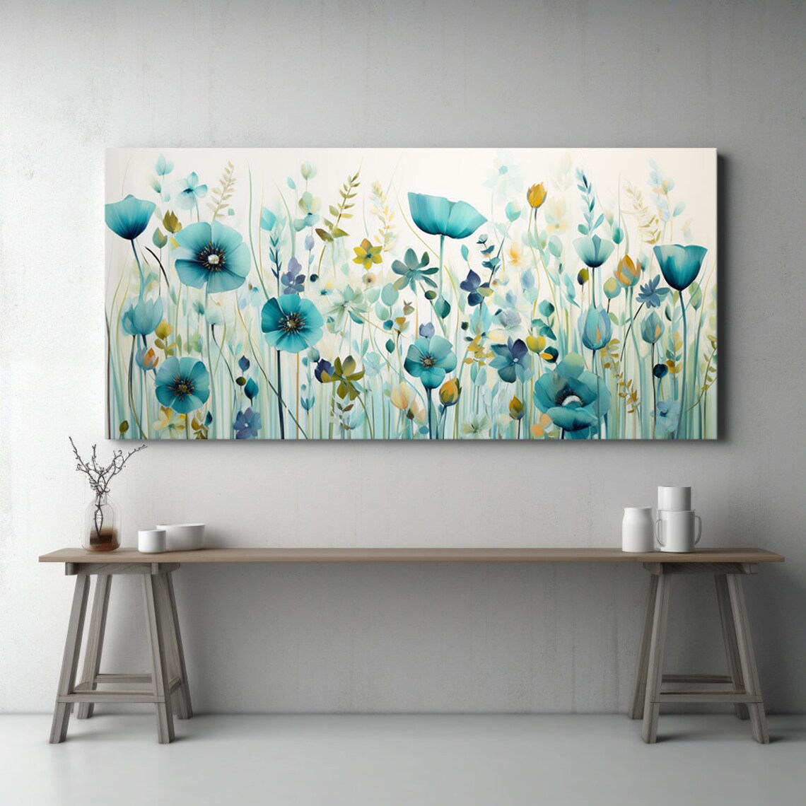 Pastel Teal Spring Wildflowers Meadow, Watercolour Art Print - Image 2