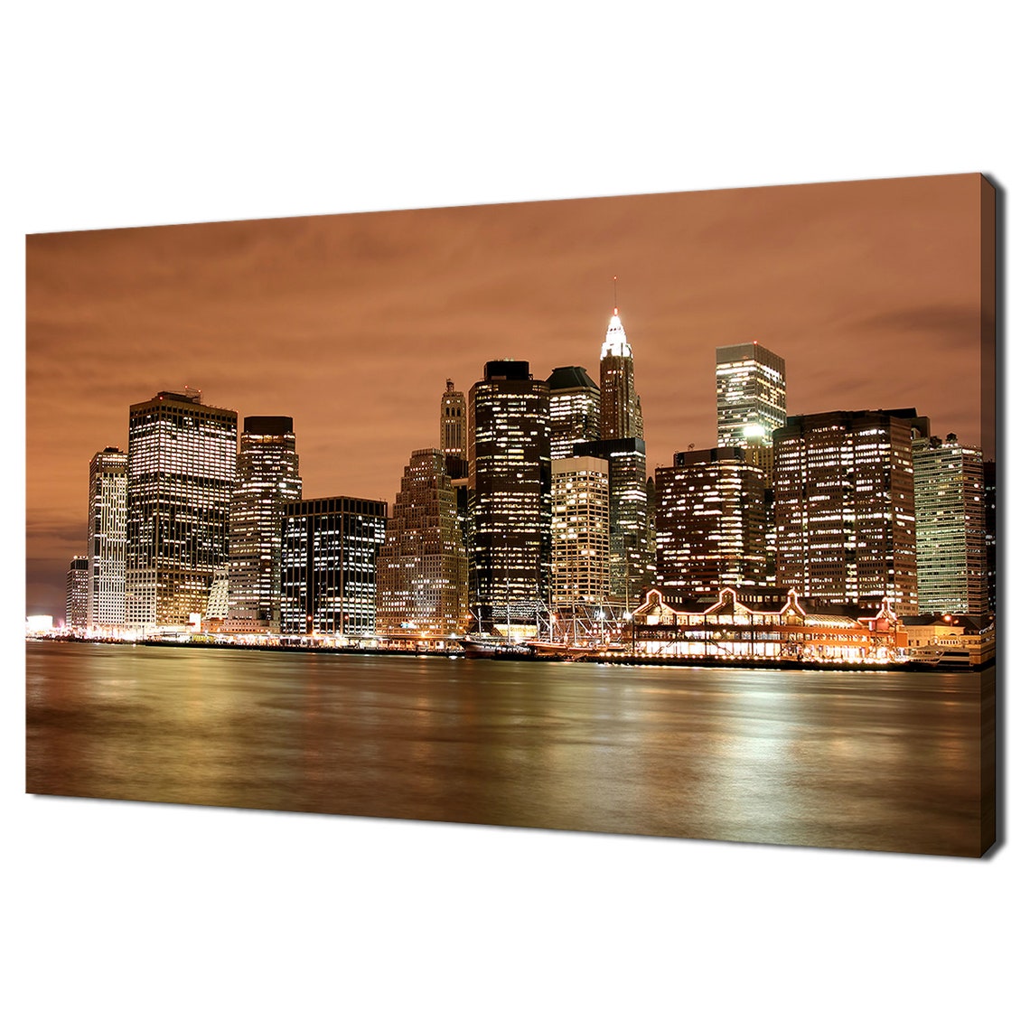 Manhattan Downtown Night Skyline Amber Lights Waterfront Poster