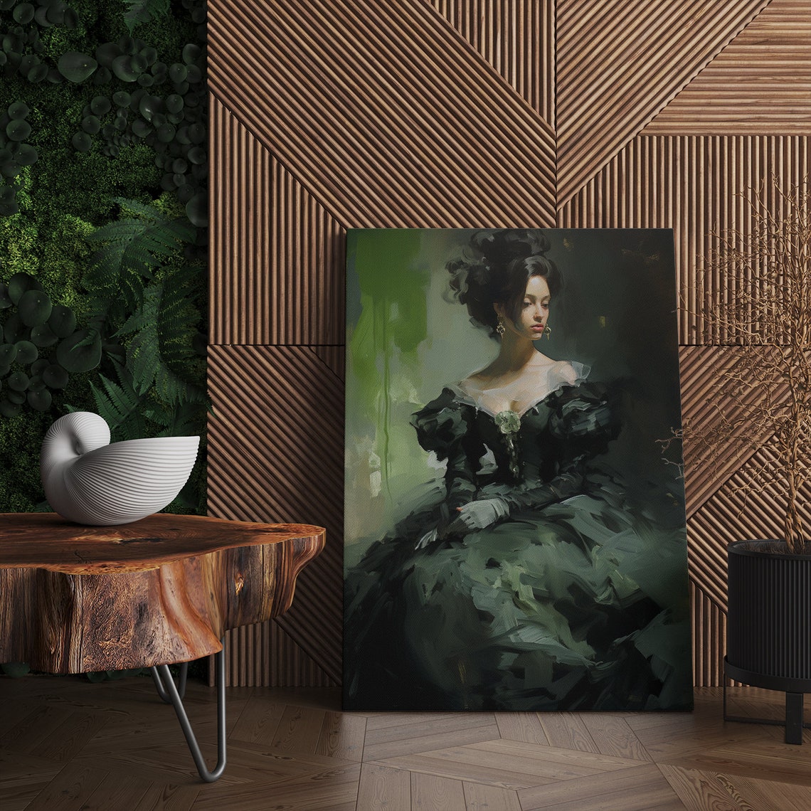 Elegant Lady in Forest Green Victorian Gown Moody Portrait Art Poster - Image 4