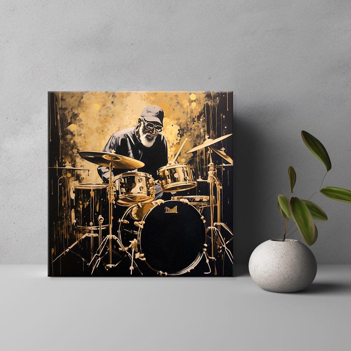 Jazz Drummer Cap Sunglasses Golden Stage Black Gold Music Poster - Image 3