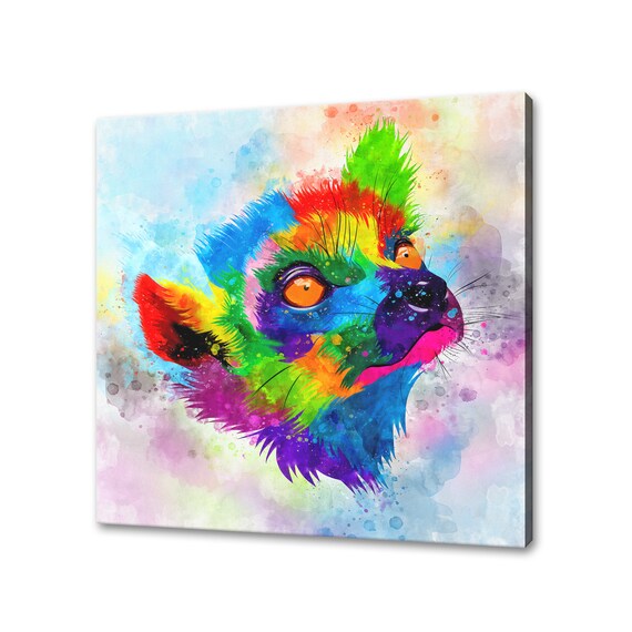 Colorful Lemur Monkey Portrait Rainbow Watercolor Splash Animal Art Print
