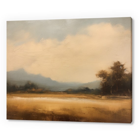 Vintage Country Moody Fall Landscape Muted Painting Style Print Farmhouse Decor Art Neutral Nature Picture Wall Hanging
