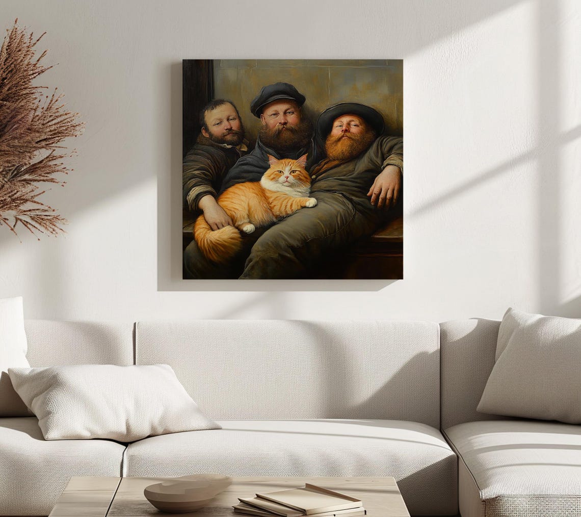 Three Bearded Men And Orange Tabby Cat Humorous Vintage Painting Print - Image 2