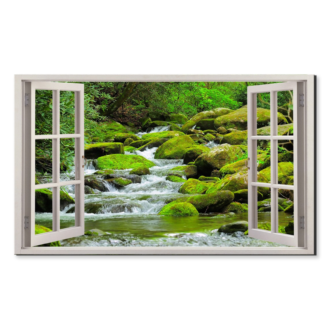 Green Cascading Mountain Stream Window View Window Frame Style Modern Design Home Decor Print Wall Art Picture Ready To Hang