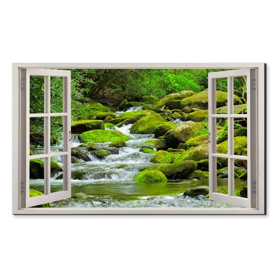 Green Cascading Mountain Stream Window View Window Frame Style Modern Design Home Decor Print Wall Art Picture Ready To Hang