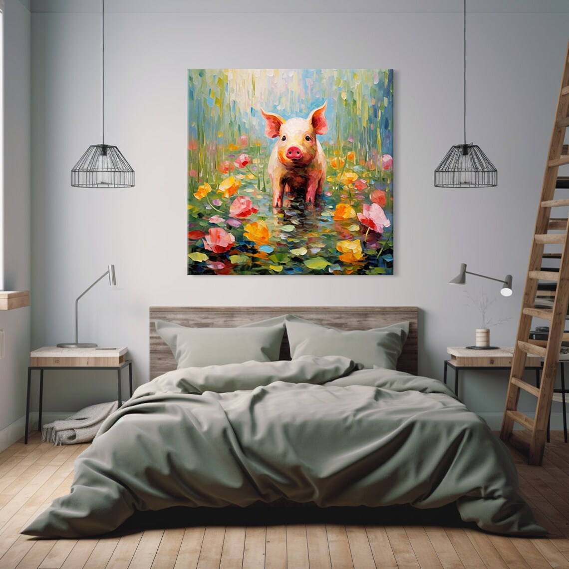 Cute Pink Piglet Among Water Lilies Colorful Impasto Painting Poster - Image 3