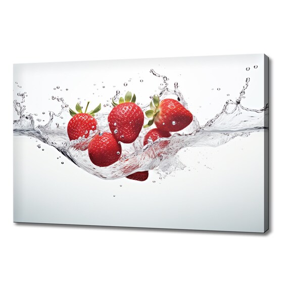 Strawberries Summer Fruits Water Splash Print Colourful Kitchen Wall Art Fruit Print Modern Kitchen Restaurant Wall Decor