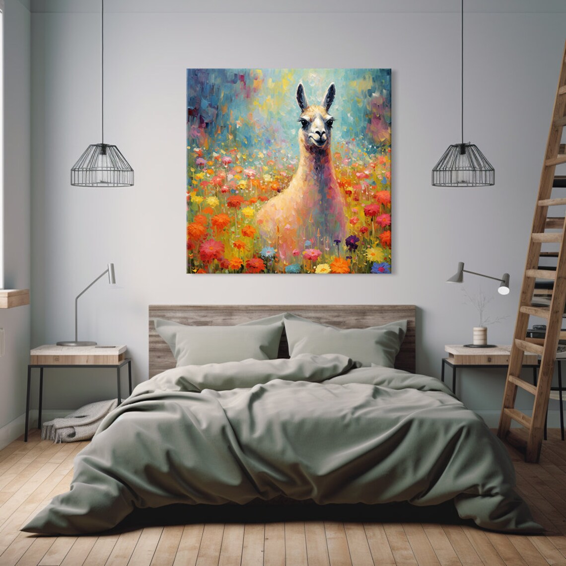 Smiling Llama Portrait in Colorful Wildflower Field Painting Poster - Image 2