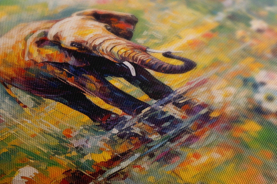 African Elephant Wading In A Golden Lily Pond Painting Wall Art - Image 4