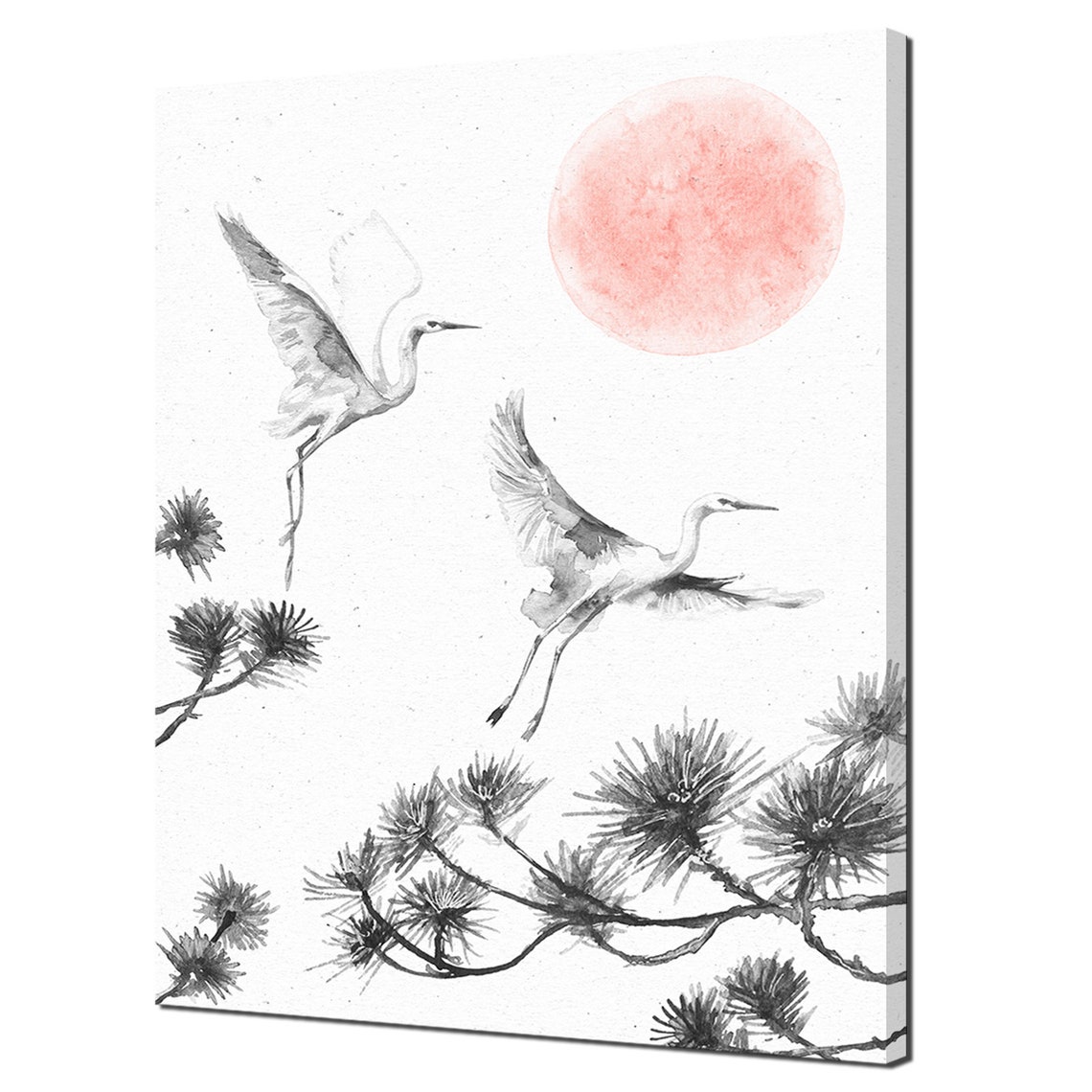 White Cranes Flying Over Pine Branches Red Sun Japanese Ink Wall Art