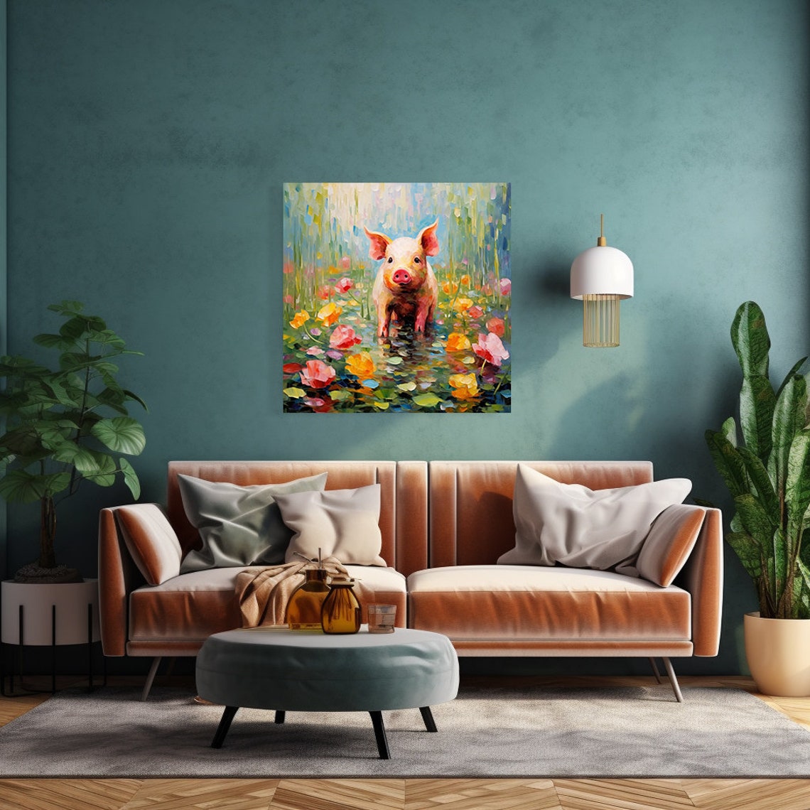Cute Pink Piglet Among Water Lilies Colorful Impasto Painting Poster - Image 2
