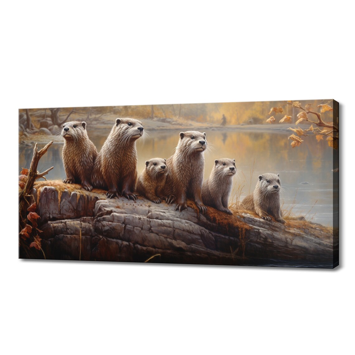 Otters Family Log Lakeside Autumn Wildlife Painting Cute Animal Poster