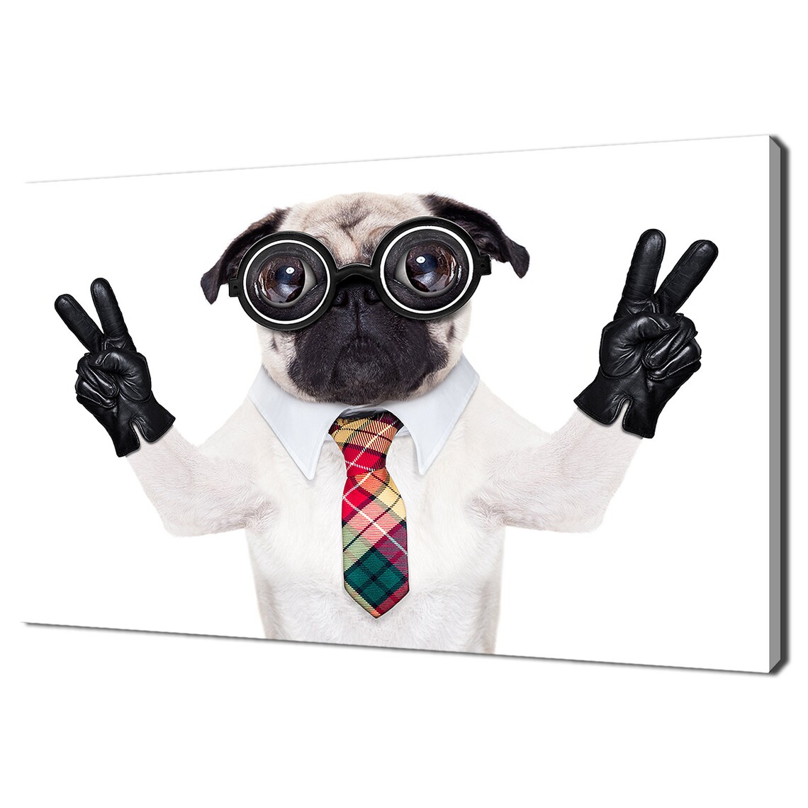 Funny Pug Dog With Round Glasses Plaid Tie Peace Sign Humor Poster