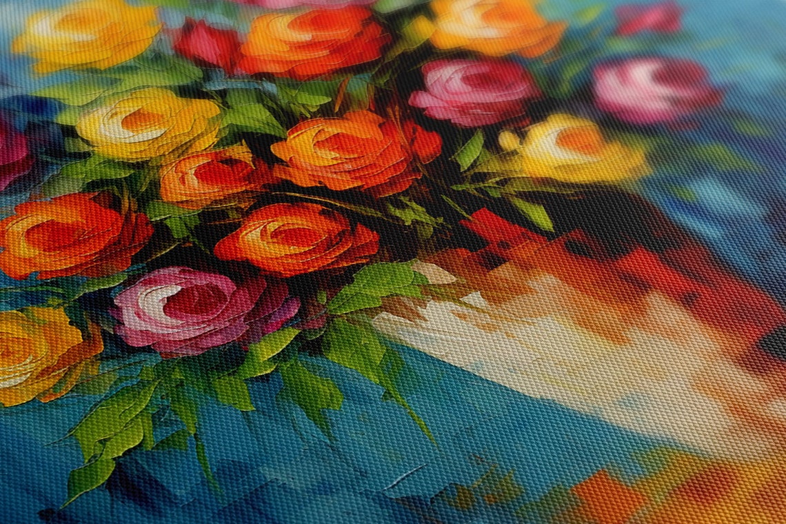 Colorful Roses In Vase Blue Background Impressionist Floral Oil Poster - Image 3