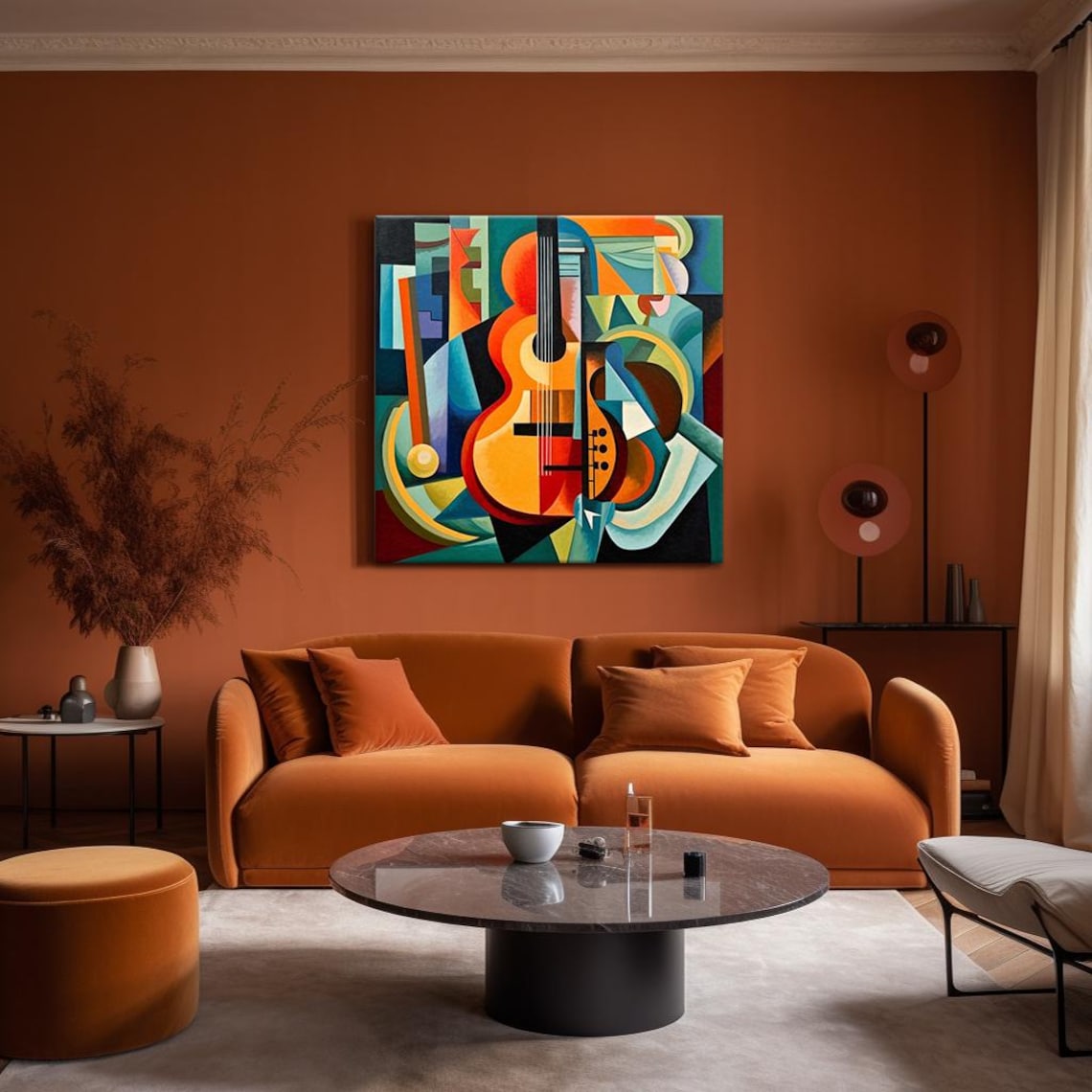 Cubist Acoustic Guitar Still Life Orange Teal Geometric Music Art Poster - Image 4