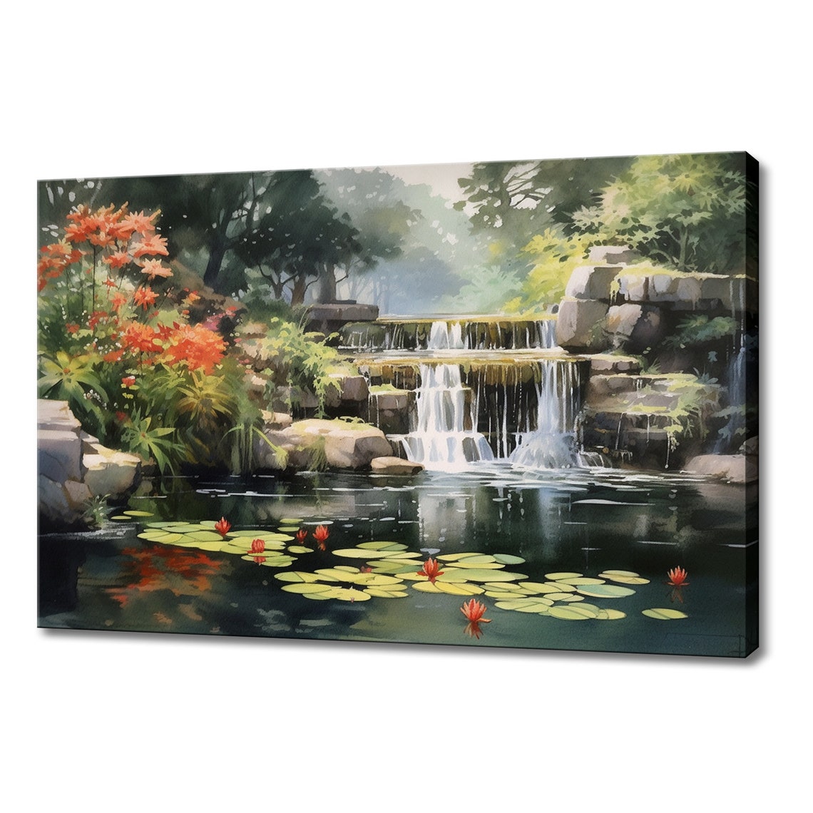 Garden Waterfall Pond Water Lilies Tranquil Watercolor Painting Poster