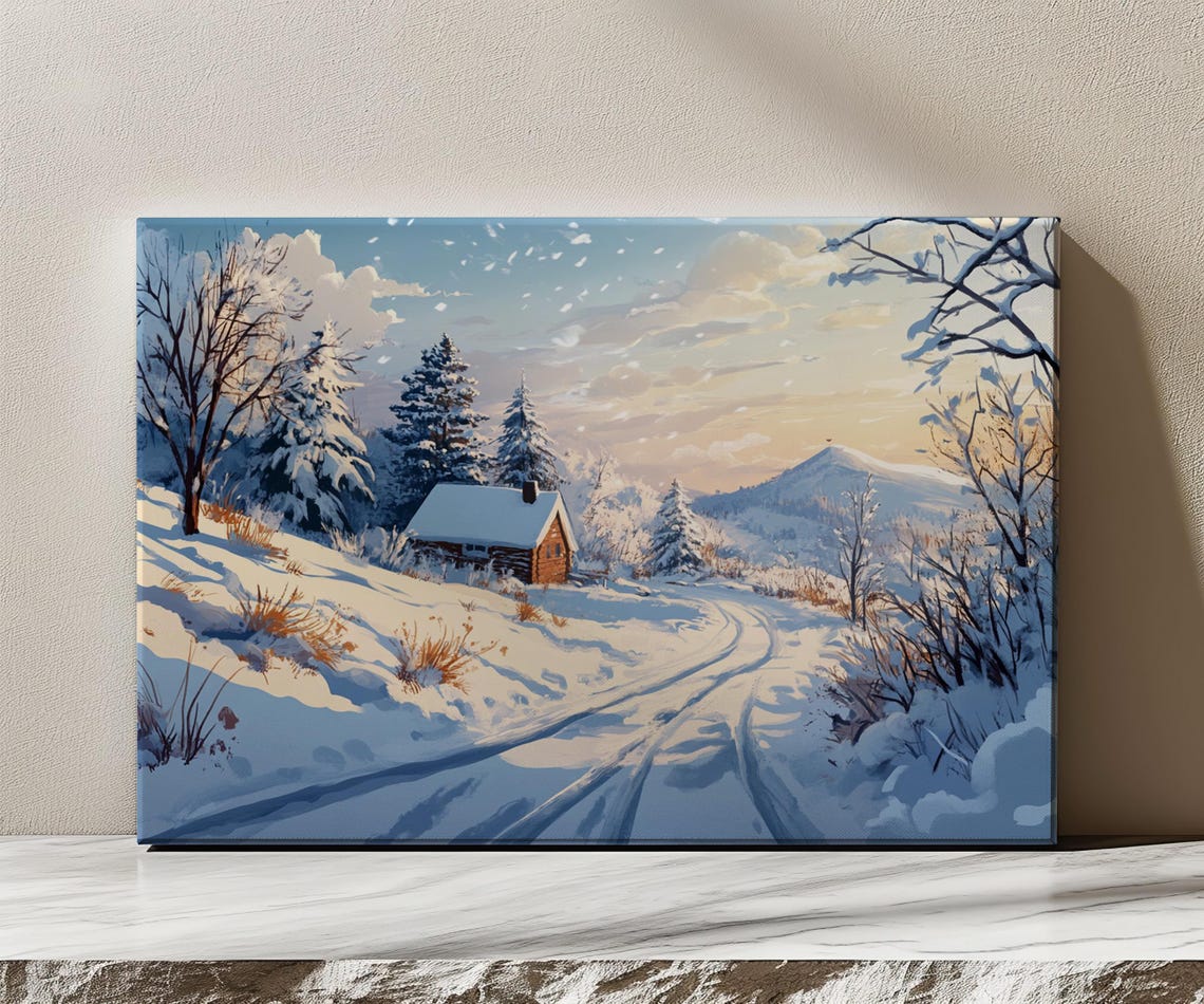 Cozy Log Cabin Snowy Mountain Valley Golden Hour Winter Scene Poster - Image 3